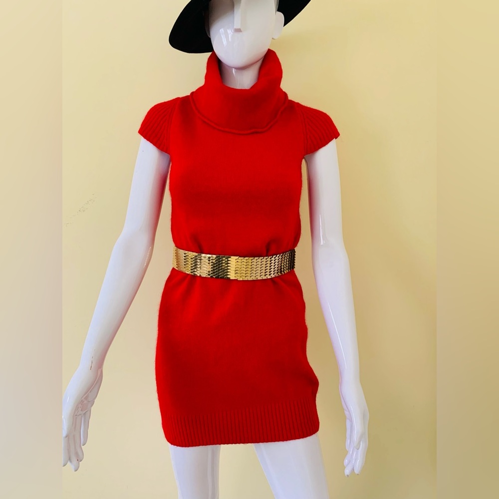 Bright red wool & cashmere blend knit mini dress wide turtle neck cap sleeves XS